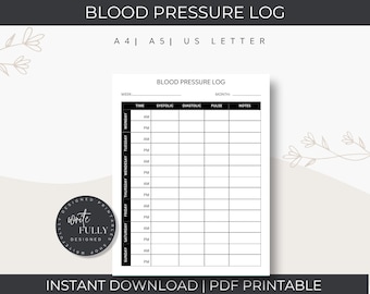 Blood Pressure Log Healthcare Tracker | Daily Blood Pressure | Printable Blood Pressure Template