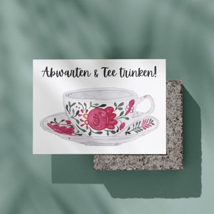 Grußkarte - Abwarten & Tee trinken | Ostfriesland | Ostfriesenteerose | Postkarte | Illustration