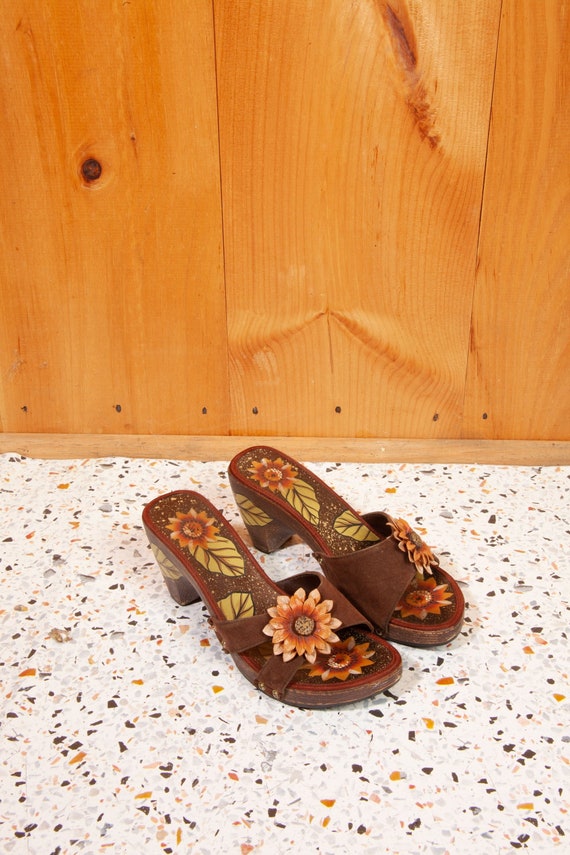 70's Vintage Hand Painted Sunflower Mule/Clogs/Siz