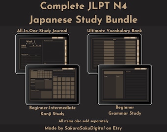May include: A digital study bundle for the JLPT N4 Japanese language proficiency test. The bundle includes an all-in-one study journal, an ultimate vocabulary bank, a beginner-intermediate kanji study guide, and a beginner grammar study guide. All items are also sold separately. Made by SakuraSakuDigital on Etsy.