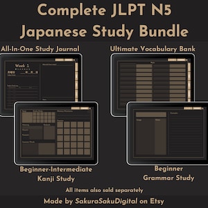BUNDLE | Japanese JLPT N5 Study Pack | All-In-One | Beginner-Intermediate Kanji | Beginner Grammar | Vocabulary Bank | Digital | Dark