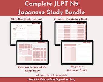 BÜNDEL | Japanisches JLPT N5 Lernpaket | All-In-One | Anfänger-Mittelstufe Kanji | Anfängergrammatik | Wortschatzbank | Digital