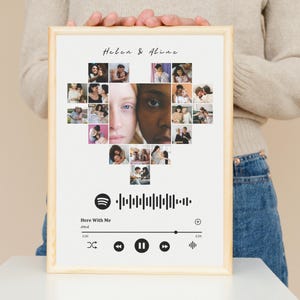 May include: A framed print with a heart-shaped collage of photos, a Spotify music player with a song title "Here With Me" and the names "Helen & Aline" at the top.