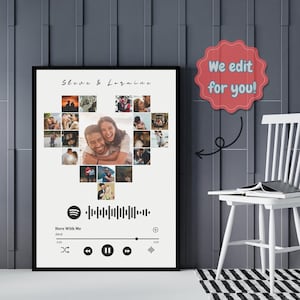 Op de afbeelding: Een ingelijste print met een hartvormige fotocollage, centraal beeld van een lachend stel. De print bevat de namen "Steve & Loraine" en een Spotify-code voor het nummer "Here With Me". De tekst "We edit for you!" is ook aanwezig.