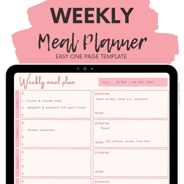 Digital weekly meal planner template for Goodnotes
