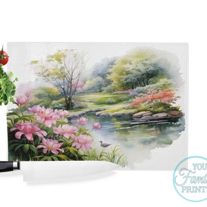 Stained Glass Rectangular Japanese Garden02 Glass Cutting board, Chopping Board Aesthetic Kitchen Decor, Gift for Mum, Housewarming Gift