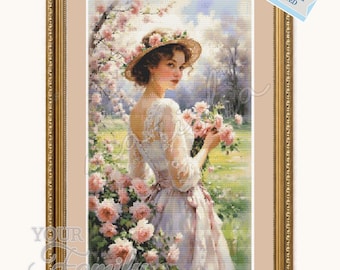 Patrón de punto de cruz "Una dama entre rosas" / Bordado estilo victoriano (patrón en PDF) / Descarga instantánea del patrón de punto de cruz en PDF