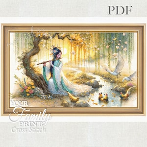 Geisha Cross Stitch Pattern: Golden Flute Oriental Design (PDF Download)