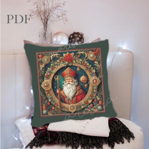 May include: A green throw pillow with a festive Christmas design featuring a bearded man in a red and gold robe holding a staff. The design is surrounded by holly, ornaments, and other holiday decorations.