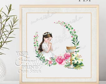 Patrón de punto de cruz para Primera Comunión: Niña de pelo castaño (Descarga digital en PDF)