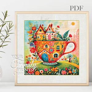 Colourful Village Cross Stitch Pattern: Fantasy Landscape in a Cup (PDF Download, Pattern Keeper Compatible)