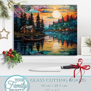 Stained Glass Rectangular Woodland Lake Glass Cutting board,Chopping Board Aesthetic Kitchen Decor,Christmas Gift for her,Housewarming Gift