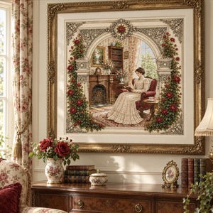 Puede incluir: Un gran tapiz bordado enmarcado que representa a una persona con un vestido largo sentada en un sillón rojo leyendo un libro en una habitación con chimenea y estanterías, enmarcado por un arco decorado con rosas rojas y follaje verde.