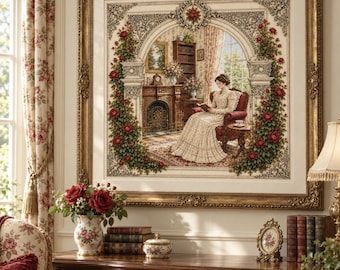 The Rosebound Reading Room: A Victorian Reverie Cross Stitch Pattern – Heirloom Embroidery PDF Bestsell Victorian PDF Cross Stitch Pattern