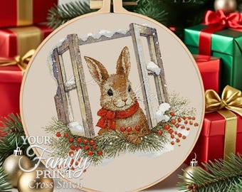 Winter  Bunny in Window Cottage Cross Stitch Pattern (PDF) Farmhouse Christmas Embroidery Instant Download Cross Stitch Patterns