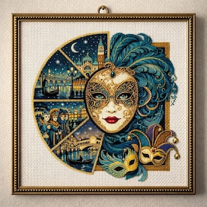 May include: Framed cross-stitch artwork featuring a Venetian mask with gold filigree and teal feathers. The artwork includes scenes of Venice, Italy, with gondolas, buildings, and costumed figures. The frame is gold-colored.