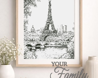 Patrón de punto de cruz de la Torre Eiffel, arte parisino en blanco y negro (compatible con PDF Pattern Keeper)