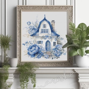 Blue Delft House Cross Stitch Pattern: Folk Art Floral (PDF Pattern)