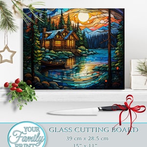 Stained Glass Rectangular Woodland Lake Glass Cutting board,Chopping Board Aesthetic Kitchen Decor,Christmas Gift for her,Housewarming Gift