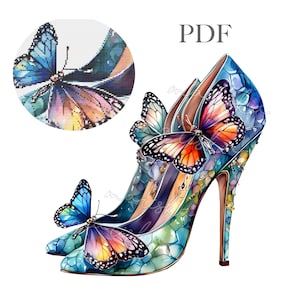 May include: A pair of high-heeled shoes with a butterfly theme. The shoes are decorated with colourful butterflies and a mosaic-like pattern in shades of blue, green, and purple. The heels are a light brown colour. The word "PDF" is in the upper right corner.