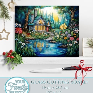 Stained Glass Rectangular Woodland Lake Glass Cutting board,Chopping Board Aesthetic Kitchen Decor,Christmas Gift for her,Housewarming Gift