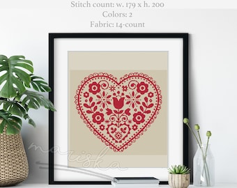 Folk Art Heart Cross Stitch Pattern: Valentine's Day Decor (PDF Pattern) Modern Folk Monochrome Embroidery PDF