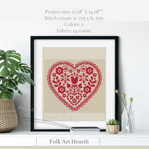 Folk Art Heart Cross Stitch Pattern: Valentine's Day Decor (PDF