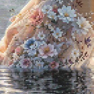 May include: A detailed, pixelated image of a bouquet of flowers, featuring white, pink, and blue blossoms. The flowers are held in a person's arms, with a soft, blurred background.