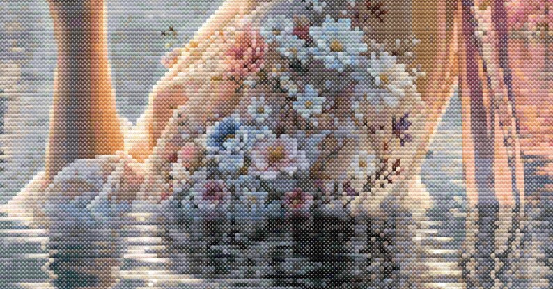 May include: A detailed, pixelated image of a bouquet of flowers, featuring white, pink, and blue blossoms. The flowers are held in a person's arms, with a soft, blurred background.