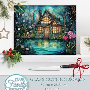 Stained Glass Rectangular Woodland Lake Glass Cutting board,Chopping Board Aesthetic Kitchen Decor,Christmas Gift for her,Housewarming Gift