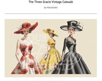 Patrón de punto de cruz de Las Tres Gracie: Bordado retro de pasarela (Descarga en PDF, compatible con Pattern Keeper)