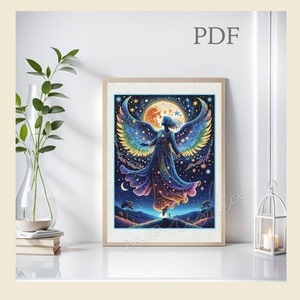 May include: A digital painting of a woman with wings, standing in front of a crescent moon and stars. The woman is wearing a flowing blue dress and has long, dark hair. The background is a dark blue sky with stars.