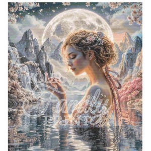 May include: A digital art print titled "Dew Drop at Sunrise" by MariskaArt. The artwork features a woman in water, with a full moon in the background. The design size is 243 x 300 stitches. The image has a serene, dreamlike quality with soft colors.