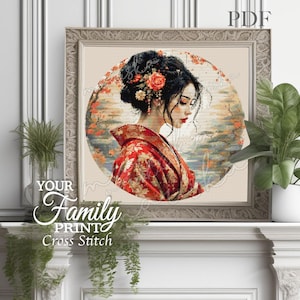 Peut inclure: Une broderie au point de croix encadrée représentant une femme en kimono japonais. L'œuvre montre une femme aux cheveux noirs ornée de fleurs, sur fond de paysage. Le texte "Your Family Print Cross Stitch" est visible sur le cadre.
