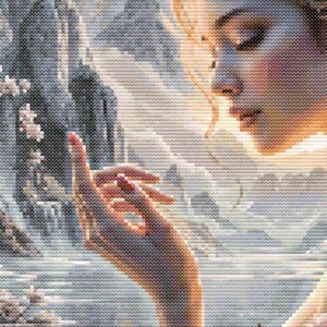 May include: A cross-stitch design depicts a woman with closed eyes, her hand gently raised. The background features a waterfall, mountains, and cherry blossoms. The color palette includes soft pinks, blues, and golden light, creating a serene and ethereal scene.
