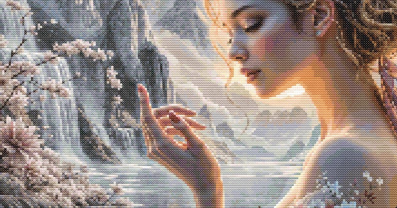 May include: A cross-stitch design depicts a woman with closed eyes, her hand gently raised. The background features a waterfall, mountains, and cherry blossoms. The color palette includes soft pinks, blues, and golden light, creating a serene and ethereal scene.