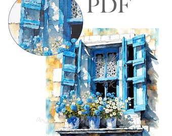Peut inclure: Une peinture à l'aquarelle d'une fenêtre avec des volets bleus et un rideau en dentelle blanche. La fenêtre est encadrée par un mur en pierre et il y a trois pots de fleurs bleues sur le rebord de la fenêtre.
