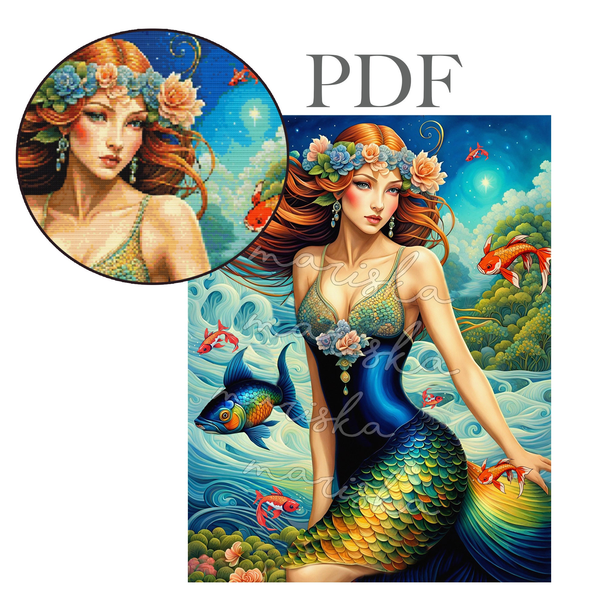 Mermaid Cross Stitch Pattern: Full Coverage Flowers (PDF Download) - Etsy