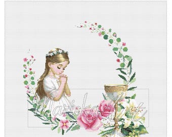 Patrón de punto de cruz para la Primera Comunión: Niña con cabello rubio (Descarga digital en PDF, patrones religiosos en PDF)