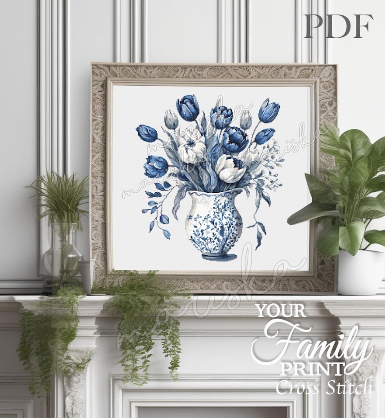 Blue Tulips Cross Stitch Pattern: Floral Vase Design (PDF Download, Pattern Keeper Compatible)