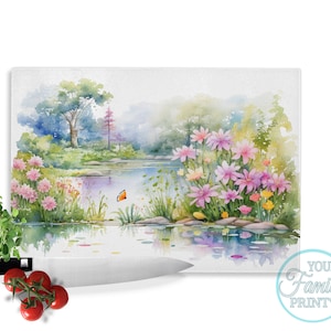 Stained Glass Rectangular Japanese Garden03 Glass Cutting board,Chopping Board Aesthetic Kitchen Decor, Gift for Mum, Housewarming Gift