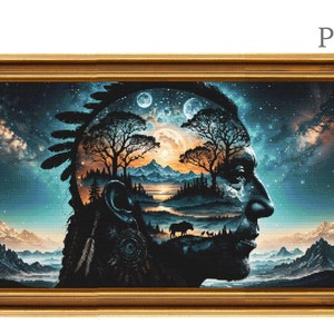 May include: A framed artwork depicting a Native American profile with a landscape scene within. The scene includes trees, mountains, and a starry sky. The frame is gold-coloured.