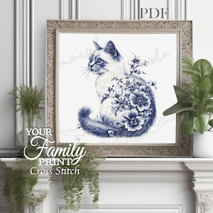 Korsstygnsmönster med blå Delft-katt, blombroderi (PDF-mönster)