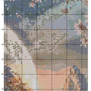 May include: Cross-stitch pattern titled "Dew Drop at Sunrise." The design features a detailed, pixelated image with a color palette of blues, greens, browns, and oranges. The pattern is divided into a grid, typical of cross-stitch charts.