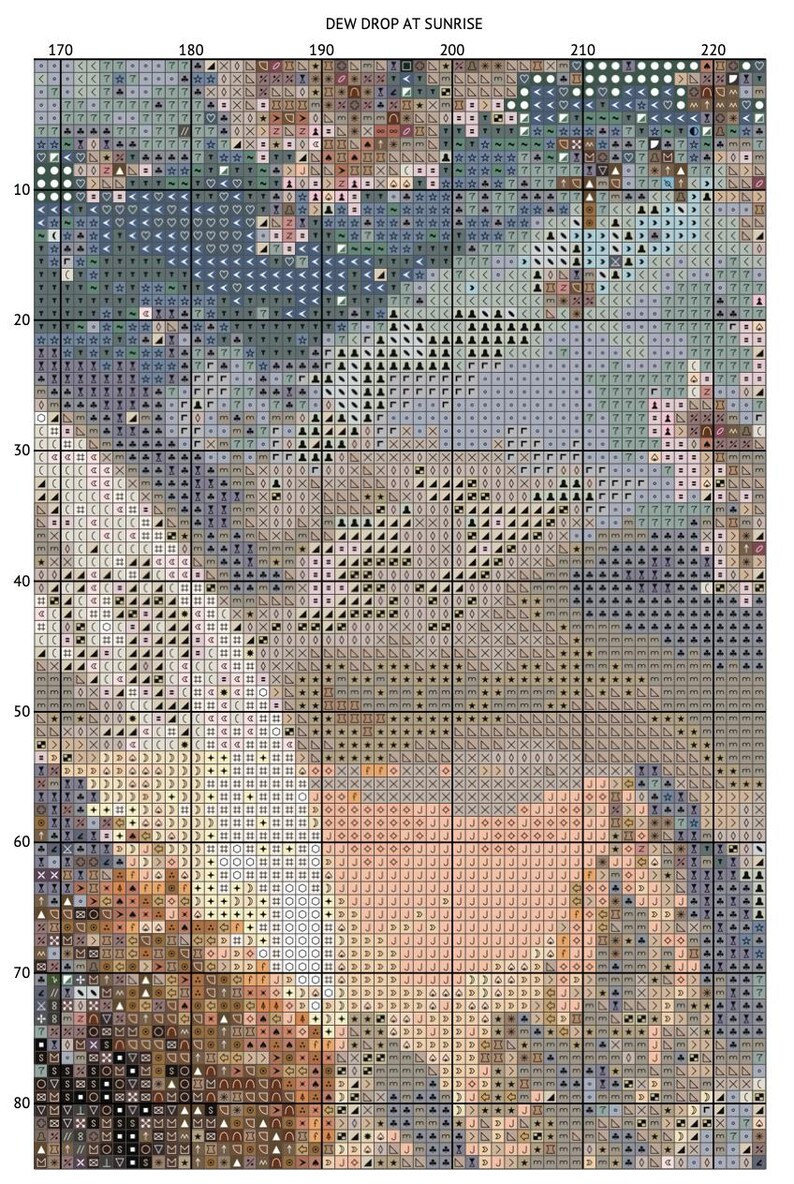 May include: Cross-stitch pattern titled "Dew Drop at Sunrise." The design features a detailed, pixelated image with a color palette of blues, greens, browns, and oranges. The pattern is divided into a grid, typical of cross-stitch charts.