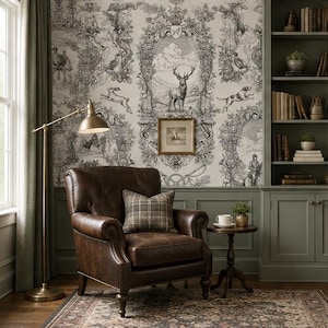 May include: A dark brown leather armchair with a plaid throw pillow, positioned next to a brass floor lamp and a small round wooden side table. The wall features a cream and black toile wallpaper with deer, hunting scenes, and ornate frames.