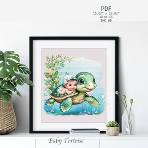 May include: A framed watercolor print featuring a baby riding a cartoon turtle. The artwork includes the text "Baby Tortoise" at the bottom. The print measures 15.62" x 15.62".