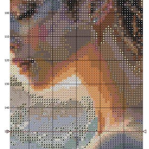 May include: A cross-stitch pattern with the text "DEW DROP AT SUNRISE" at the top. The pattern features a detailed design with various colors, including shades of brown, orange, and blue. The grid-like structure is visible.