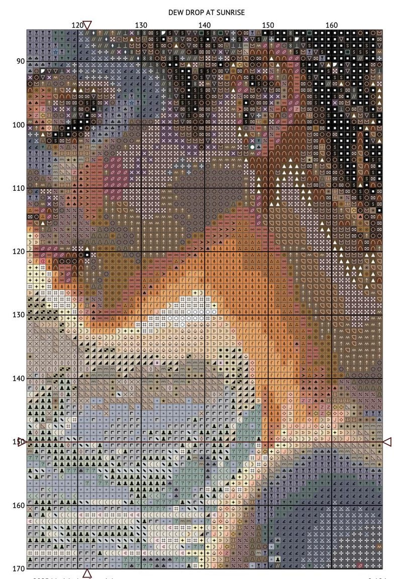 May include: A cross-stitch pattern with the text "DEW DROP AT SUNRISE" at the top. The pattern features a detailed design with various colors, including shades of brown, orange, and blue. The grid-like structure is visible.