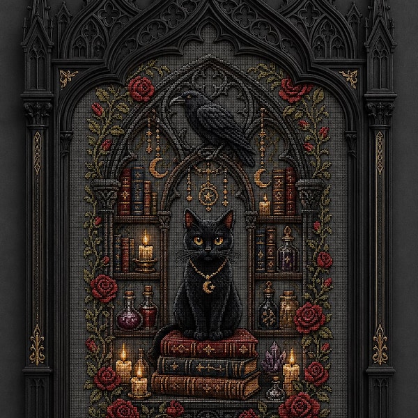 Black Cat and Raven Gothic Cross Stitch Pattern Bestselling Dark Academia Tapestry PDF Pattern, Witchy Rose Needlework Chart Black Gothic